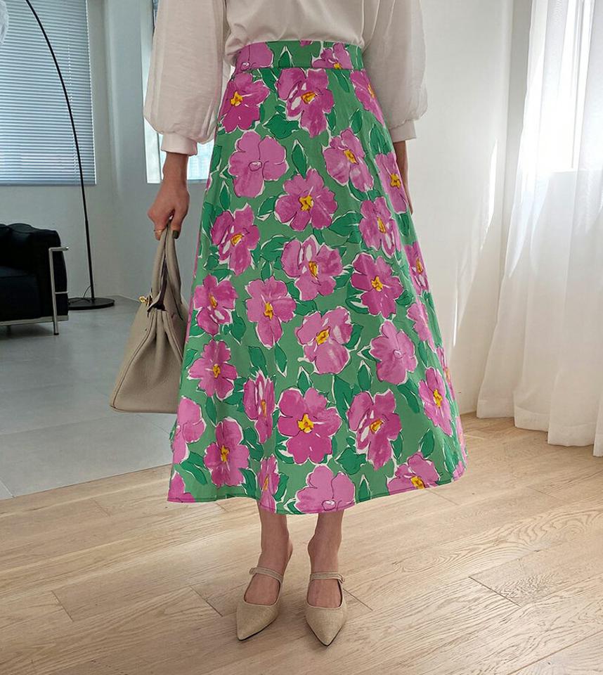 フラワーフレアスカート・全3色・b67798 レディース 【sk】【スカート ロング ロングスカート フレア フレアスカート 花柄 フラワー レトロ 派手 春 夏 秋 韓国 ファッション】【ハイホリHIHOLLI】