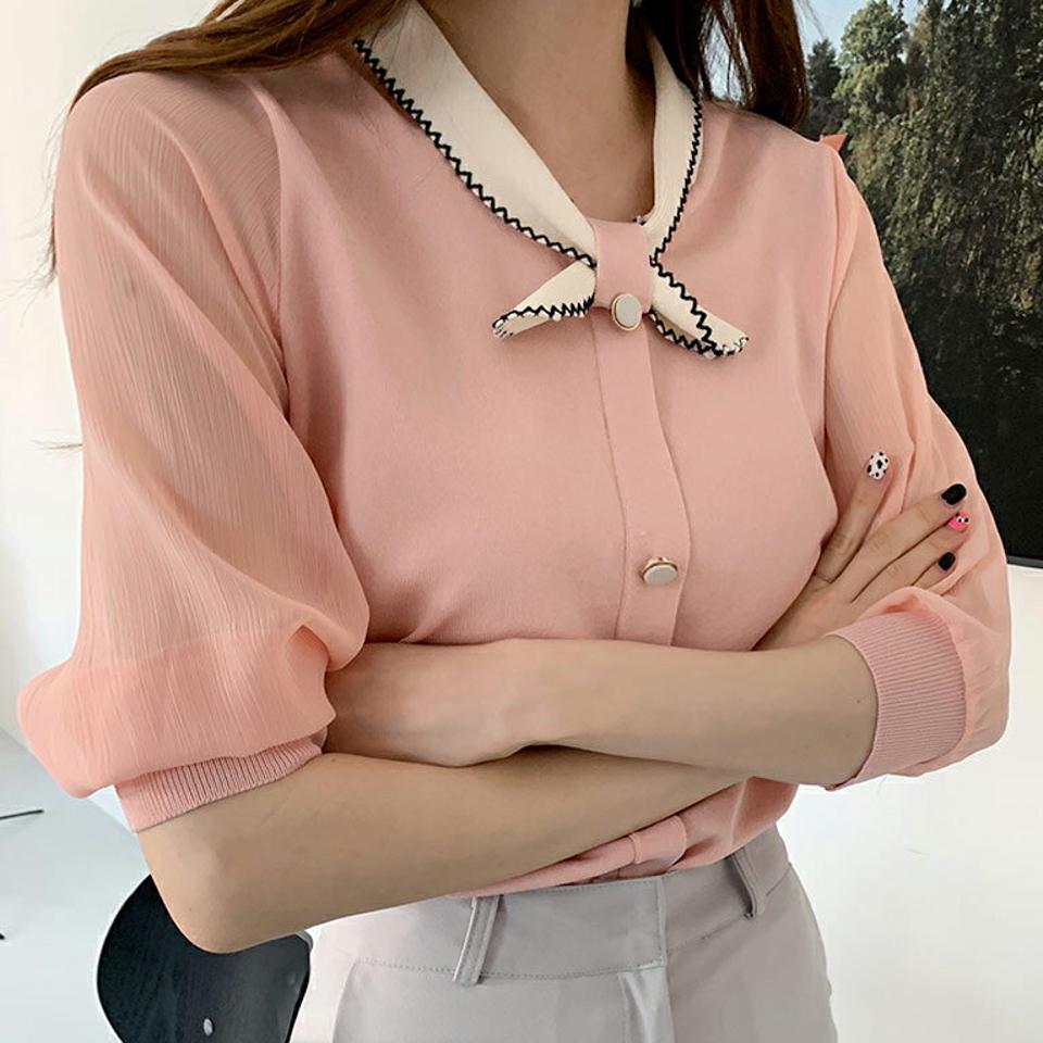 リボン配色カラーニット・全2色・b67784 レディース 【tops】トップス ニット ニットトップス 半袖 ハーフスリーブ リボン りぼん 配色 モダン 大人 ガーリー 春 秋 韓国 ファッション ハイホリHIHOLLI