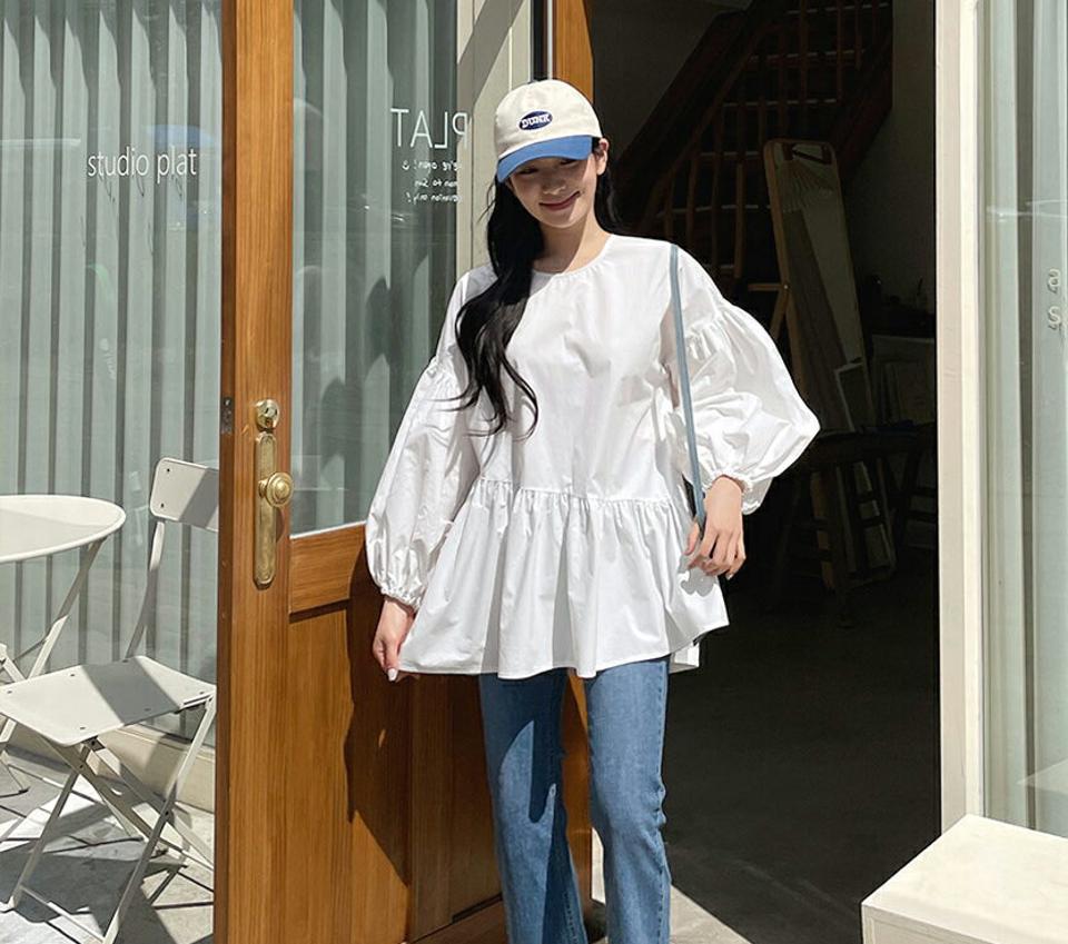 ギャザーパフブラウス・全2色・t63776 レディース 【bl】【韓国 ファッション トップス ブラウス 長袖 ギャザー ラブリー ラウンドネック フレア パフ バルーンスリーブ ボリューム ルーズ ゆったり ガーリー 体型カバー 細身 春 夏】【NIJU】