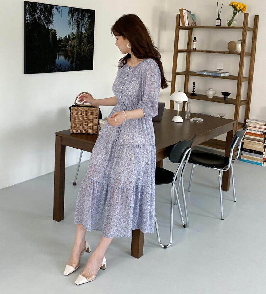 フラワードロストワンピース・全2色・b67785 レディース 【ops】【ワンピース ロング ロングワンピース 七分丈 七分袖 7分丈 7分袖 花柄 フラワー ドロスト 可愛い かわいい ガーリー 小花柄 春 秋 韓国 ファッション】【ハイホリHIHOLLI】