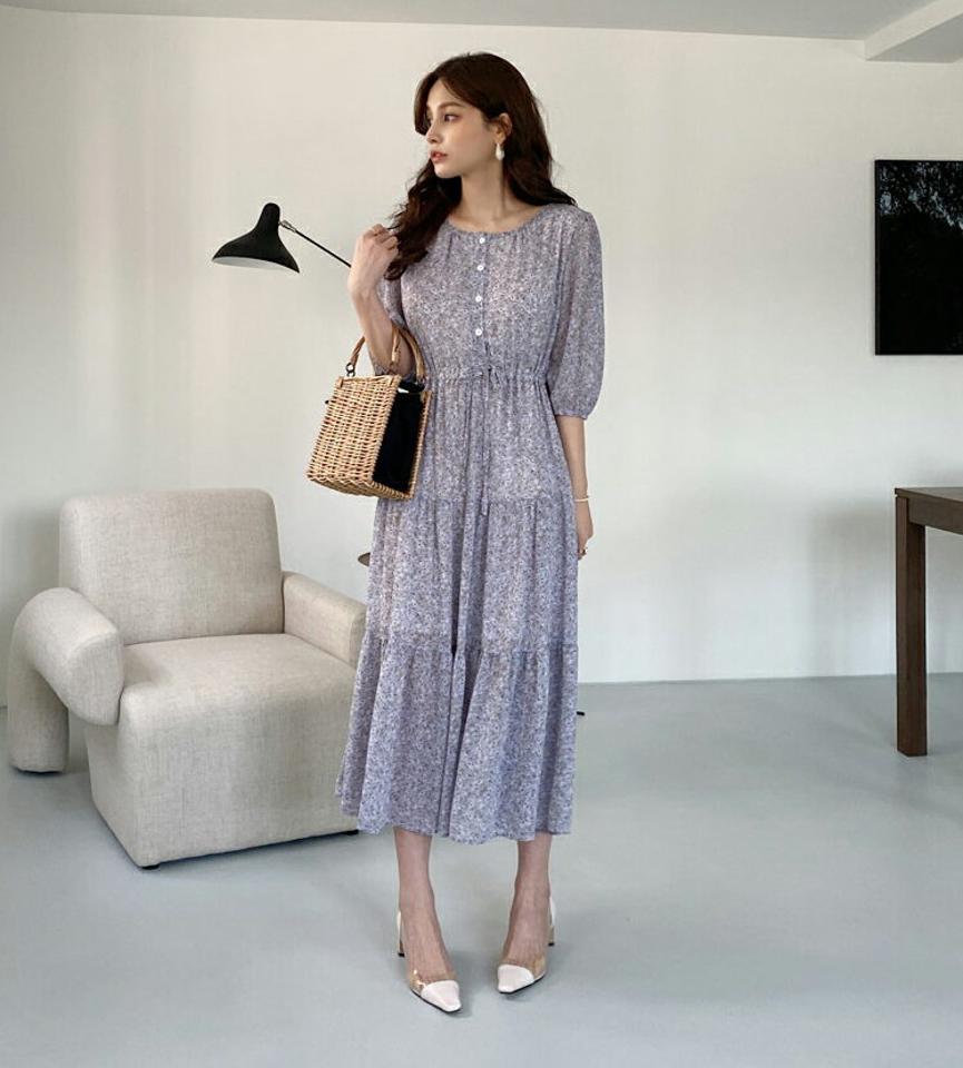 フラワードロストワンピース・全2色・b67785 レディース 【ops】【ワンピース ロング ロングワンピース 七分丈 七分袖 7分丈 7分袖 花柄 フラワー ドロスト 可愛い かわいい ガーリー 小花柄 春 秋 韓国 ファッション】【ハイホリHIHOLLI】