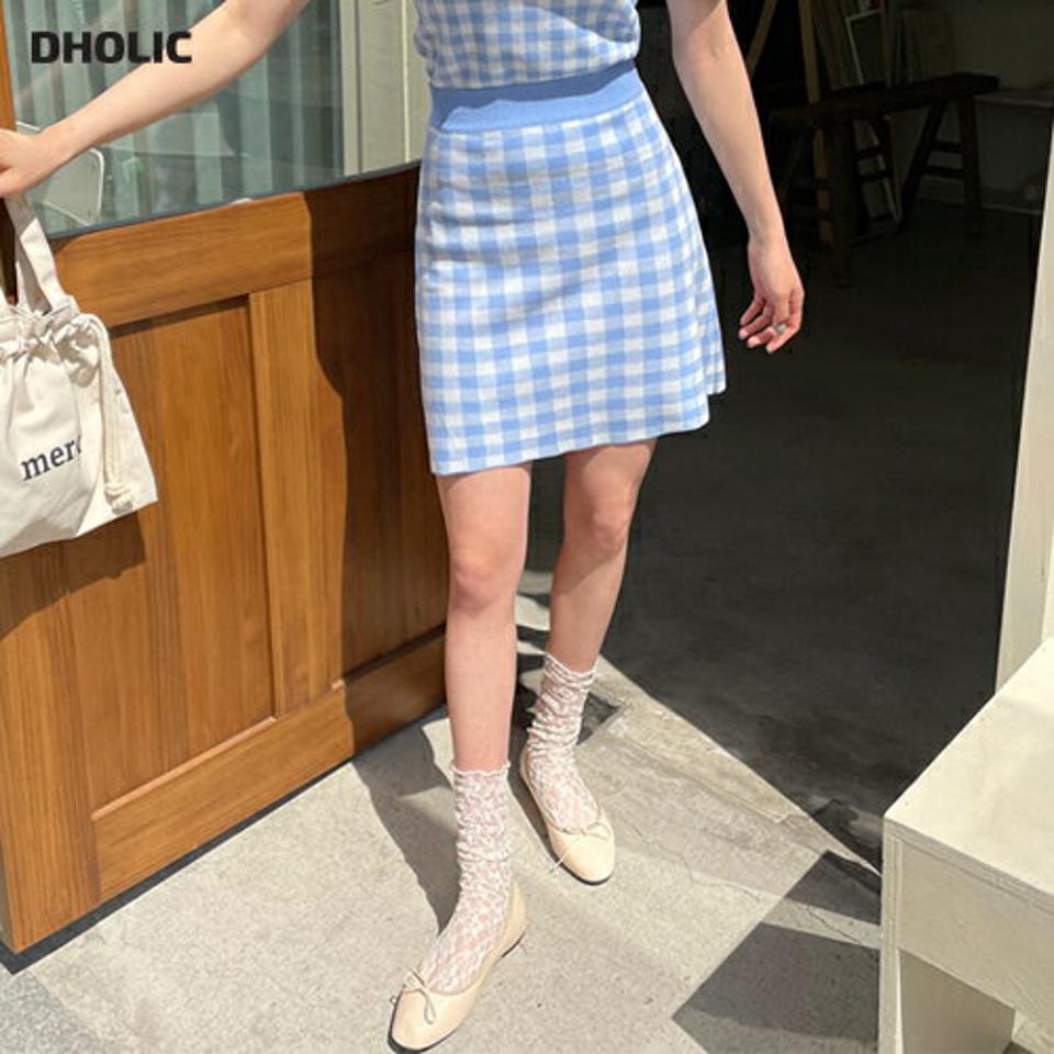 チェックニットスカート・全5色・t63782 レディース 【sk】【韓国 ファッション ボトムス スカート ミニ ミニスカート ニットスカート Aライン ゴム チェック パターン ガーリー フェミニン 体型カーバー 春 夏】【NIJU】