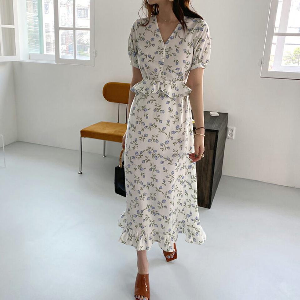 【全品10%OFF】フローラルフリルワンピース・全3色・t67781 レディース 【ops】【ワンピース ロング ロングワンピース 半袖 フラワー 花柄 フリル ガーリー 可愛い かわいい 春 夏 韓国 ファッション】【ハイホリHIHOLLI】