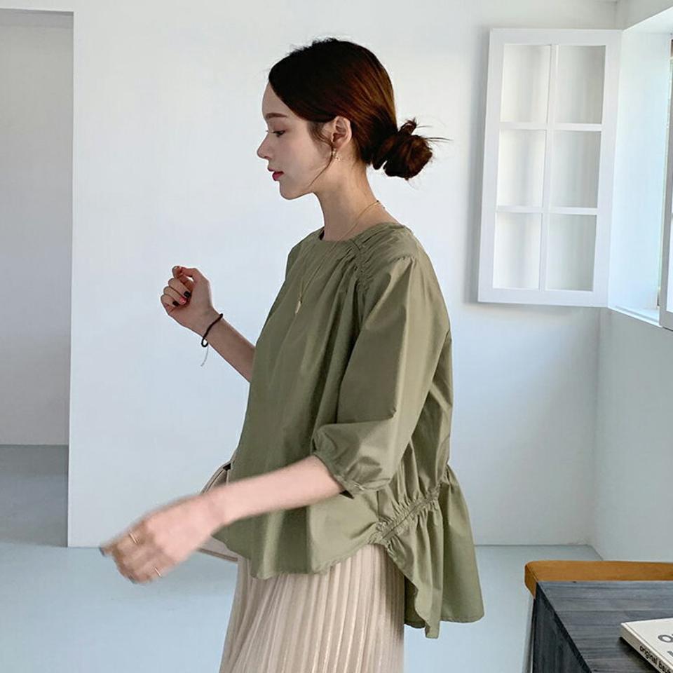 ショルダーギャザーブラウス・全3色・b67794 レディース 【bl】【トップス ブラウス 七分丈 七分袖 7分丈 7分袖 ギャザー シンプル カジュアル アンバランス 春 秋 韓国 ファッション】【ハイホリHIHOLLI】