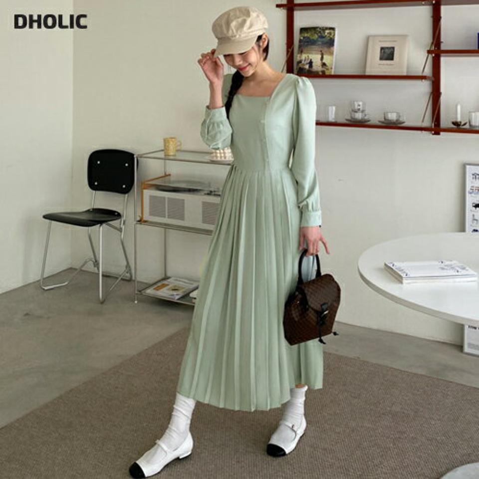 スクエアフェイクボタンワンピース・全2色・t65048 レディース 【ops】【韓国 ファッション ワンピース ロング ロングワンピース 長袖 スクエアネック ボタン デコルテ プリーツ 体型カバー フェミニン カジュアル 夏 春】