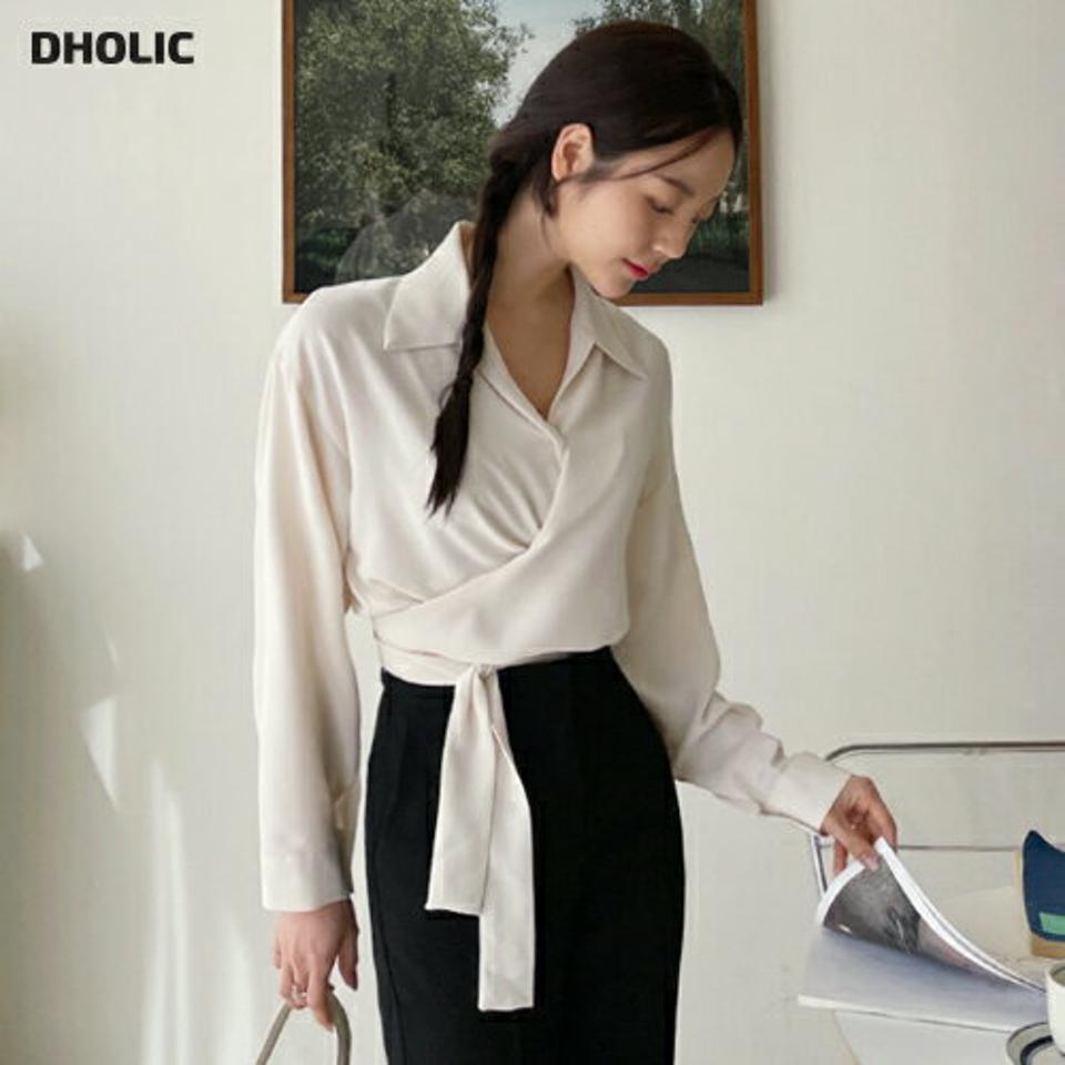 ラップシャツブラウス・全4色・t65045 レディース 【bl】韓国ファッション トップス ブラウス 長袖 Vネック リボン シャツブラウス クロップド丈 デコルテ フェミニン ガーリー 体型カバー 細身 夏 春