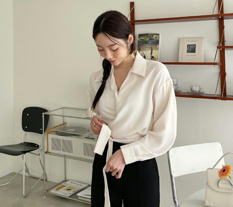 ラップシャツブラウス・全4色・t65045 レディース 【bl】韓国ファッション トップス ブラウス 長袖 Vネック リボン シャツブラウス クロップド丈 デコルテ フェミニン ガーリー 体型カバー 細身 夏 春