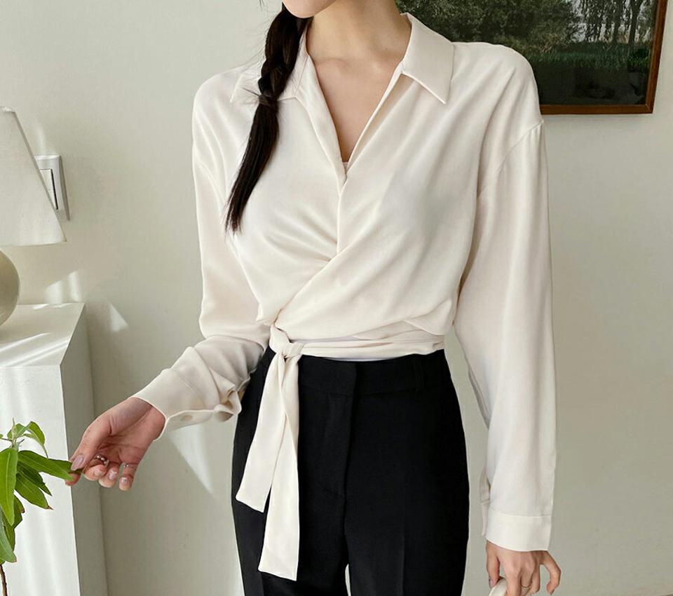 ラップシャツブラウス・全4色・t65045 レディース 【bl】韓国ファッション トップス ブラウス 長袖 Vネック リボン シャツブラウス クロップド丈 デコルテ フェミニン ガーリー 体型カバー 細身 夏 春