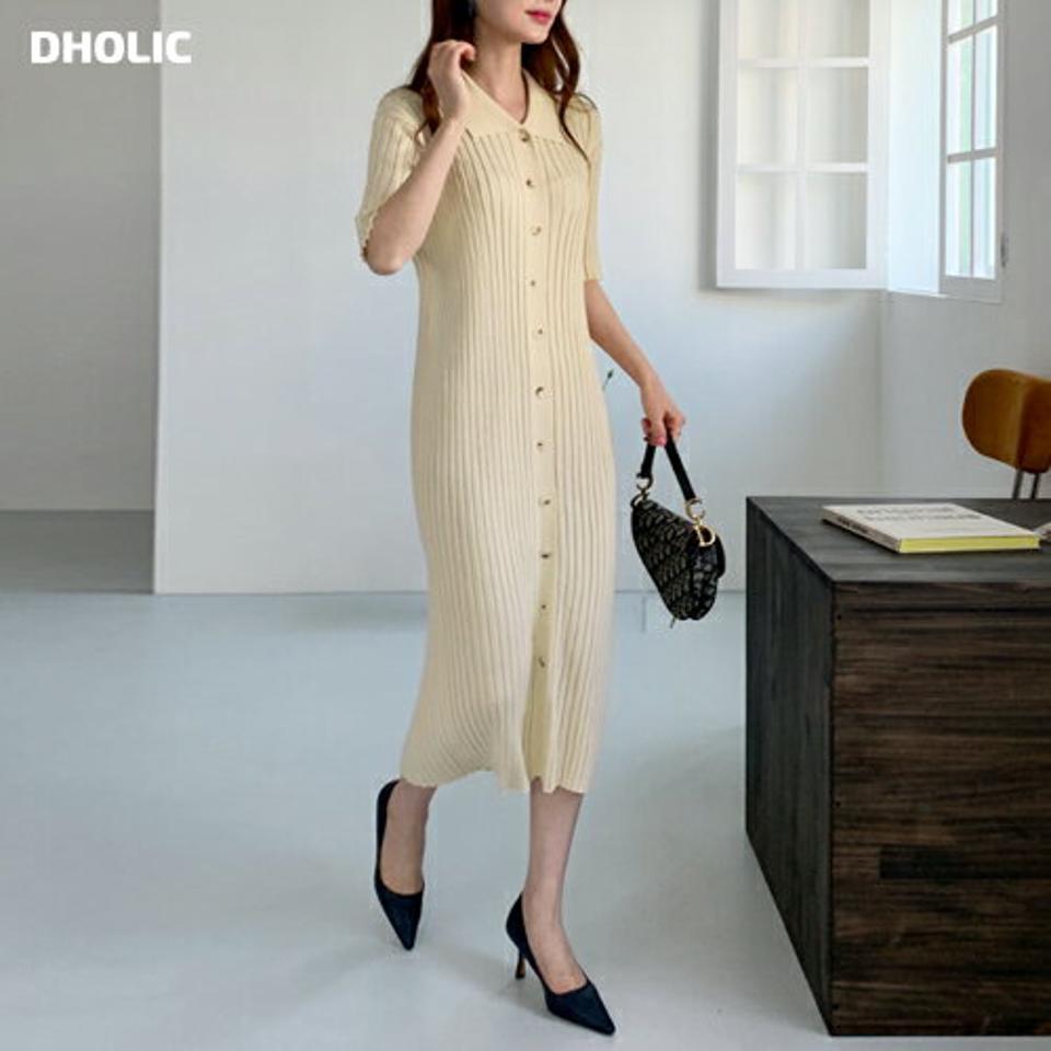 ストラップ付リブカラーワンピース・全3色・t67793 レディース 【ops】【ワンピース ロング ロングワンピース 半袖 ハーフスリーブ リブ ニット ニットワンピース 単色 シンプル カジュアル 春 夏 秋 韓国 ファッション】【ハイホリHIHOLLI】