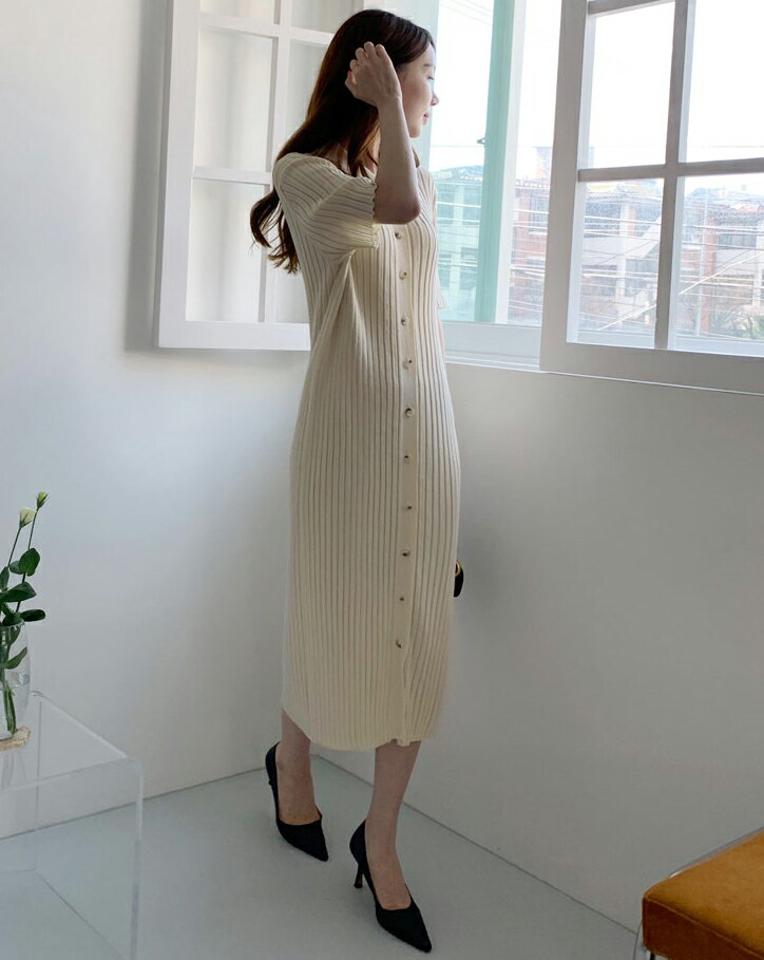 ストラップ付リブカラーワンピース・全3色・t67793 レディース 【ops】【ワンピース ロング ロングワンピース 半袖 ハーフスリーブ リブ ニット ニットワンピース 単色 シンプル カジュアル 春 夏 秋 韓国 ファッション】【ハイホリHIHOLLI】