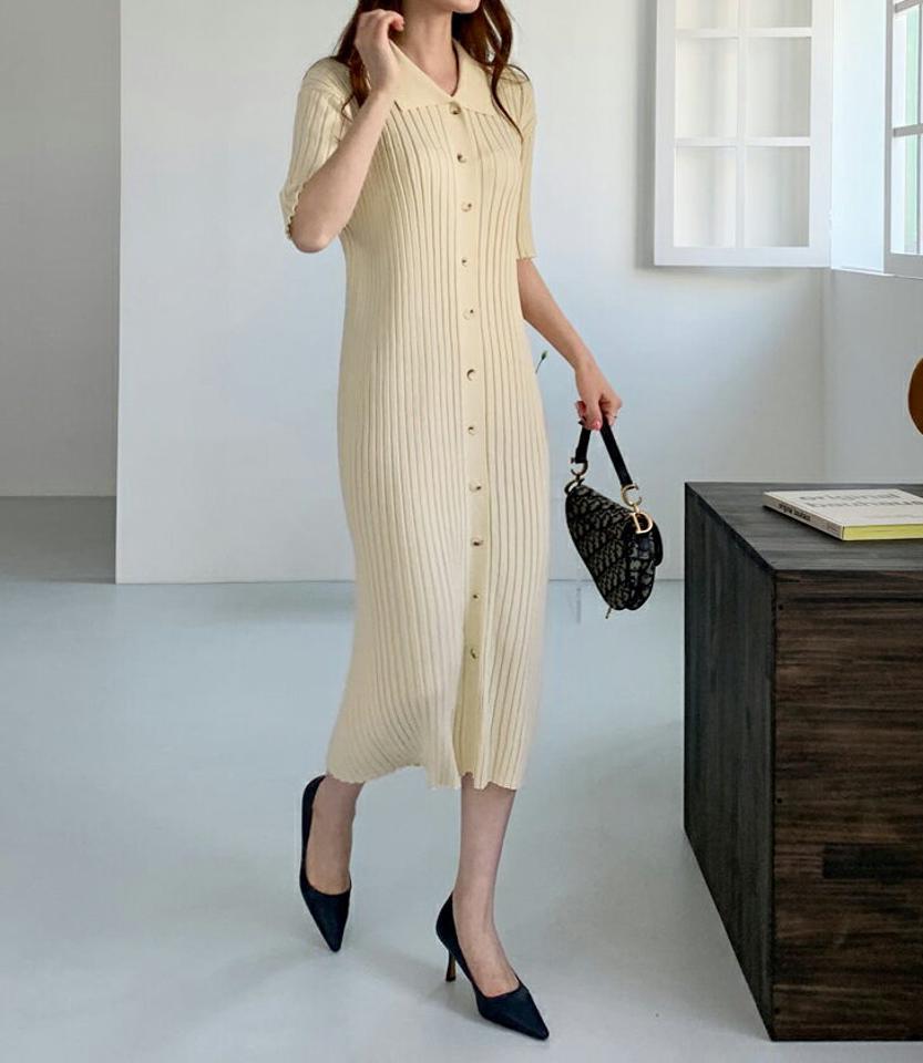 ストラップ付リブカラーワンピース・全3色・t67793 レディース 【ops】【ワンピース ロング ロングワンピース 半袖 ハーフスリーブ リブ ニット ニットワンピース 単色 シンプル カジュアル 春 夏 秋 韓国 ファッション】【ハイホリHIHOLLI】