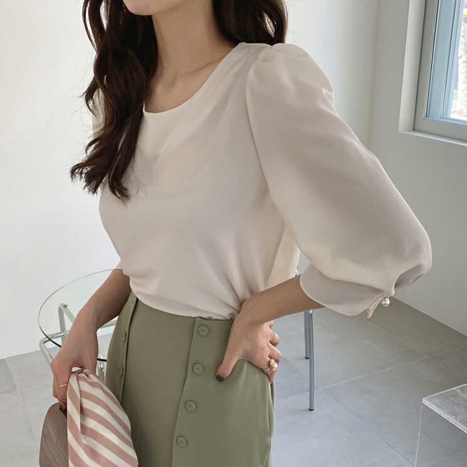 フェイクパールスリーブブラウス・全5色・t67779 レディース 【bl】 トップス ブラウス 七分丈 七分袖 7分丈 7分袖 パール フェミニン きれいめ オフィスカジュアル 春 秋 韓国 ファッション ハイホリHIHOLLI