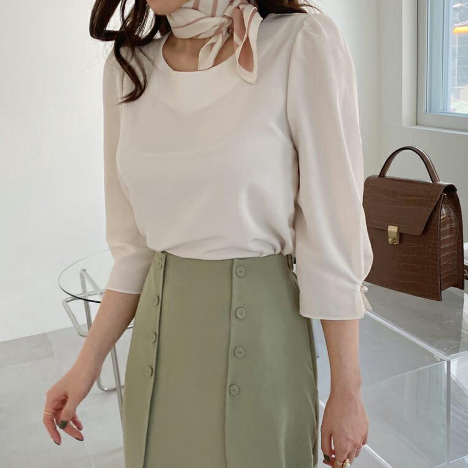 フェイクパールスリーブブラウス・全5色・t67779 レディース 【bl】 トップス ブラウス 七分丈 七分袖 7分丈 7分袖 パール フェミニン きれいめ オフィスカジュアル 春 秋 韓国 ファッション ハイホリHIHOLLI