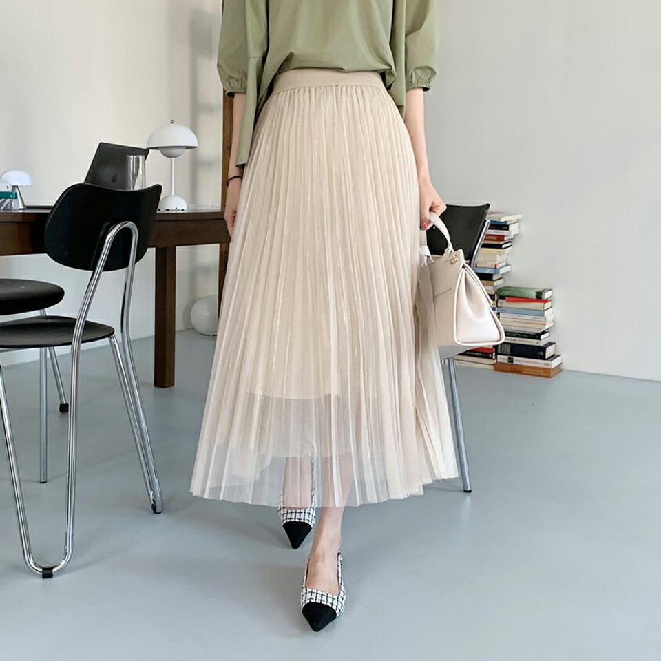 【全品10%OFF】チュールプリーツスカート・全5色・b67801 レディース 【sk】【スカート ロング ロングスカート プリーツ プリーツスカート チュール 透け感 シアー グリッター ラメ 可愛い かわいい ウエストゴム 春 秋 韓国 ファッション】【ハイホリHIHOLLI】