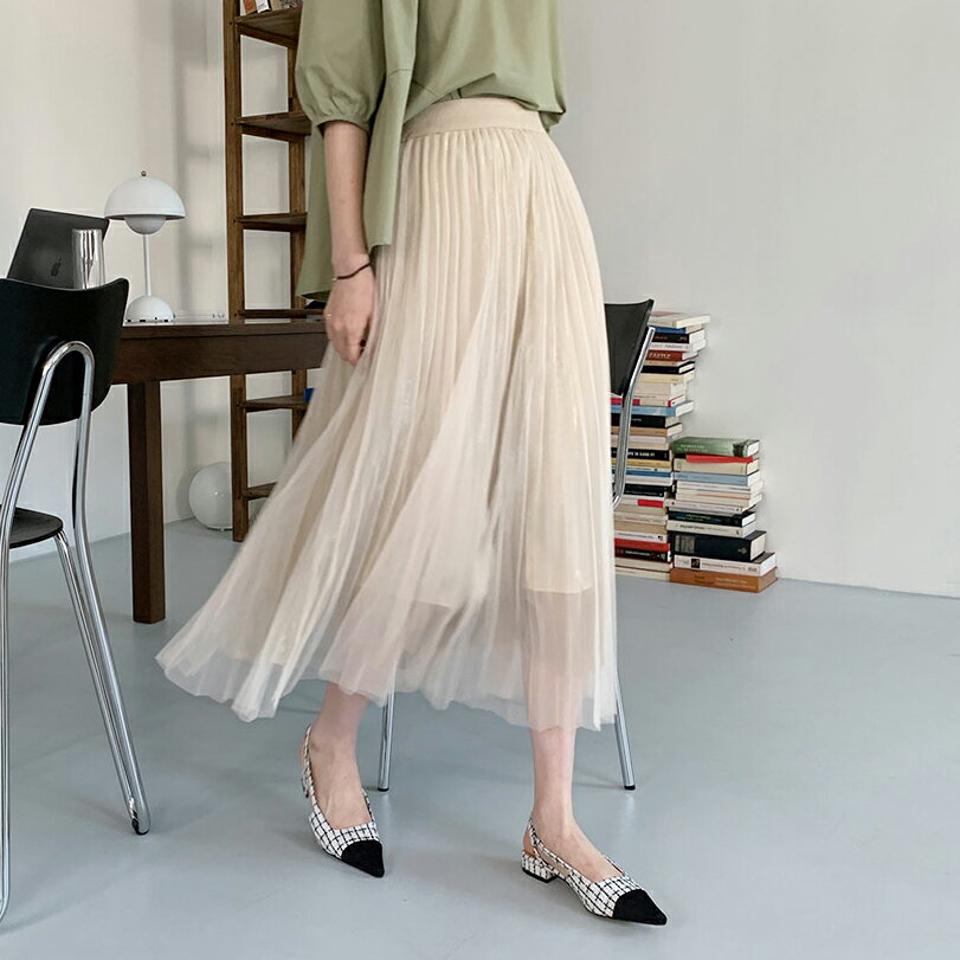 【全品10%OFF】チュールプリーツスカート・全5色・b67801 レディース 【sk】【スカート ロング ロングスカート プリーツ プリーツスカート チュール 透け感 シアー グリッター ラメ 可愛い かわいい ウエストゴム 春 秋 韓国 ファッション】【ハイホリHIHOLLI】