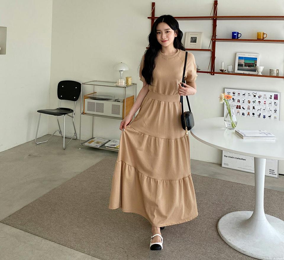 ≪人気商品再入荷≫スウェットティアードワンピース・全3色・b63778 レディース 【ops】 韓国ファッション ワンピース ロング丈 ラグラン スウェット 体型カバー ラウンドネック ギャザー ティアード 二の腕カバー 春 夏 NIJU