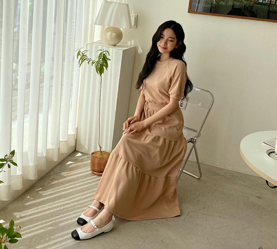 ≪人気商品再入荷≫スウェットティアードワンピース・全3色・b63778 レディース 【ops】 韓国ファッション ワンピース ロング丈 ラグラン スウェット 体型カバー ラウンドネック ギャザー ティアード 二の腕カバー 春 夏 NIJU