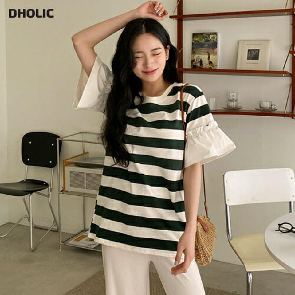 ボーダーフレアスリーブTシャツ・全4色・t63767 レディース 【tops】【韓国 ファッション トップス Tシャツ 半袖 ボーダー ストライプ ラウンドネック フレア袖 ルーズ ゆったり カジュアル 体型カーバー 春 夏】【NIJU】