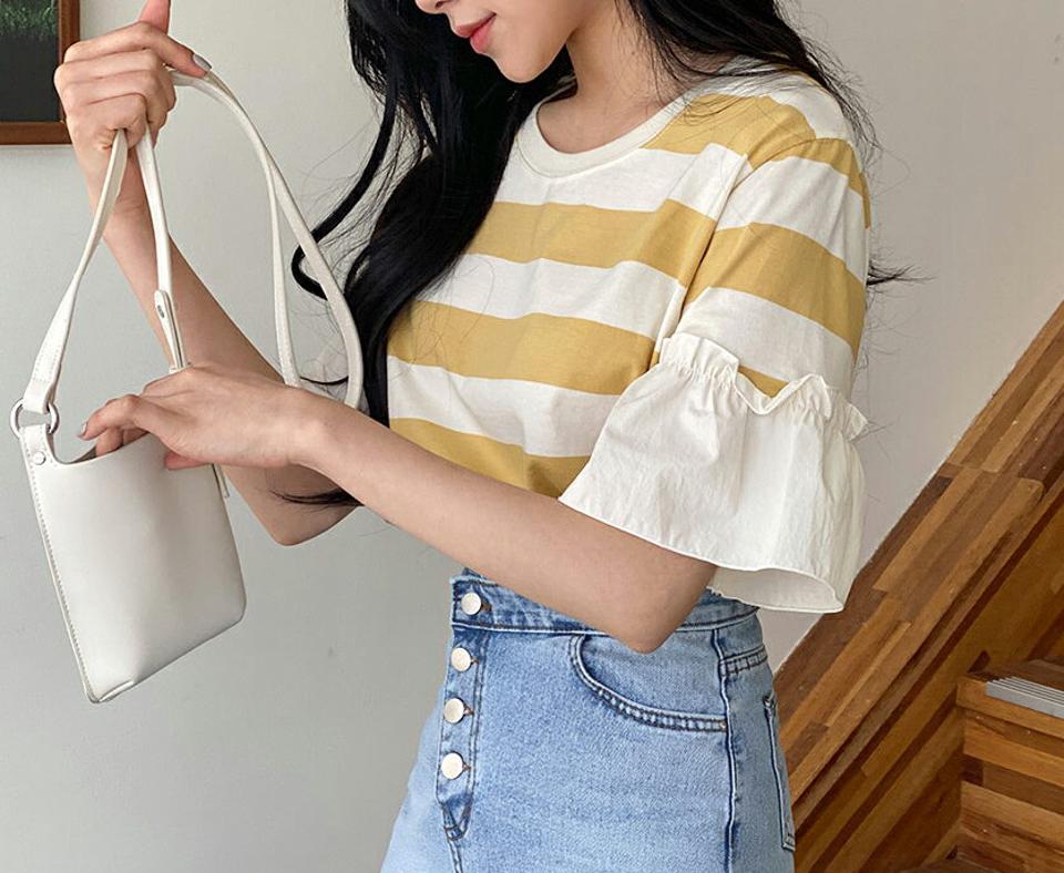 ボーダーフレアスリーブTシャツ・全4色・t63767 レディース 【tops】【韓国 ファッション トップス Tシャツ 半袖 ボーダー ストライプ ラウンドネック フレア袖 ルーズ ゆったり カジュアル 体型カーバー 春 夏】【NIJU】