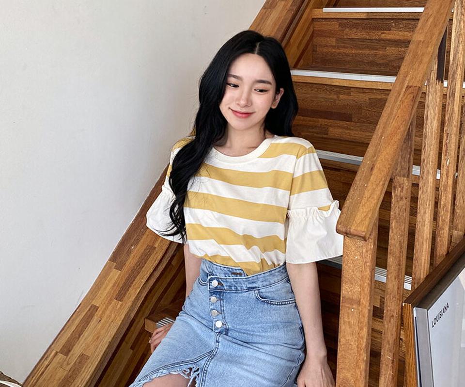 ボーダーフレアスリーブTシャツ・全4色・t63767 レディース 【tops】【韓国 ファッション トップス Tシャツ 半袖 ボーダー ストライプ ラウンドネック フレア袖 ルーズ ゆったり カジュアル 体型カーバー 春 夏】【NIJU】