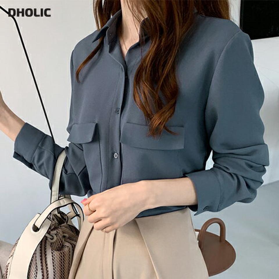 カラーフラップポケットブラウス・全5色・t67792 レディース 【bl】【トップス ブラウス 長袖 フラップポケット 単色 無地 シンプル ベーシック 大人 オフィスカジュアル 春 秋 韓国 ファッション】【ハイホリHIHOLLI】