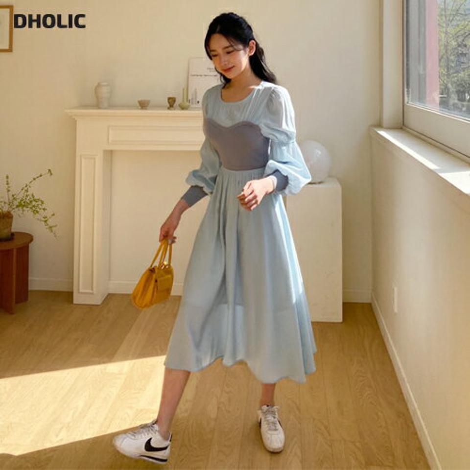 コントラストパフワンピース・全2色・e63784 レディース 【ops】【韓国 ファッション ワンピース ロング ロングワンピース 異素材が ラウンドネック バックボタン Aライン フレア カジュアル フェミニン 体型カバー 春 夏】【NIJU】