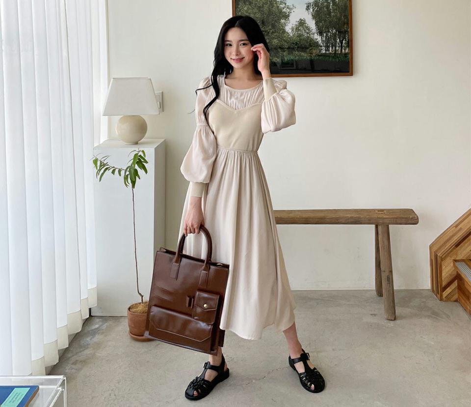 コントラストパフワンピース・全2色・e63784 レディース 【ops】【韓国 ファッション ワンピース ロング ロングワンピース 異素材が ラウンドネック バックボタン Aライン フレア カジュアル フェミニン 体型カバー 春 夏】【NIJU】