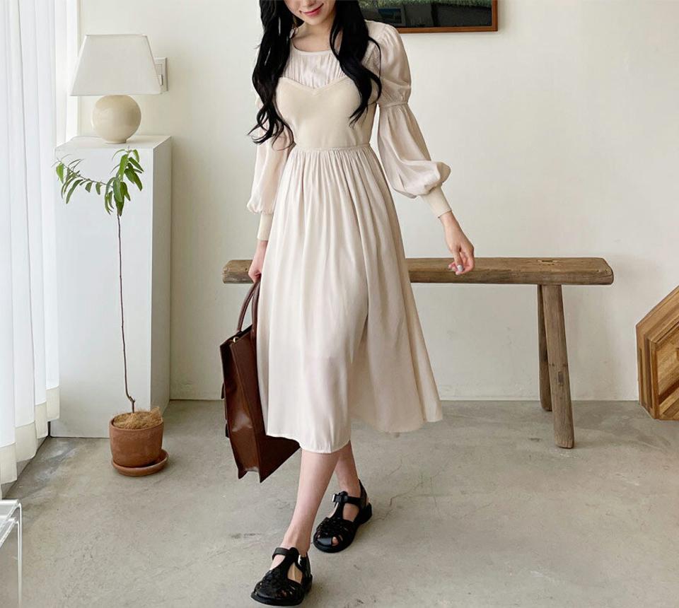 コントラストパフワンピース・全2色・e63784 レディース 【ops】【韓国 ファッション ワンピース ロング ロングワンピース 異素材が ラウンドネック バックボタン Aライン フレア カジュアル フェミニン 体型カバー 春 夏】【NIJU】