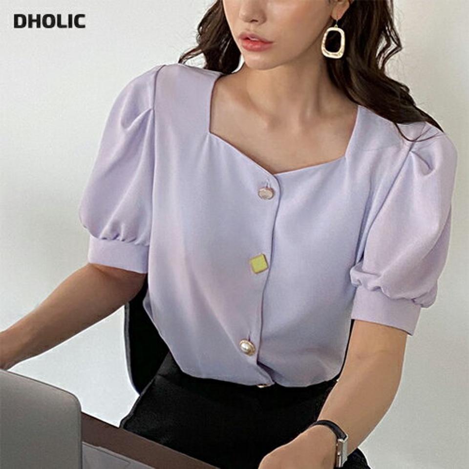 マルチボタンブラウス・全4色・67789 レディース 【bl】【トップス ブラウス 半袖 マルチボタン 単色 シンプル フェミニン 可愛い かわいい デコルテ 鎖骨 春 夏 韓国 ファッション】【ハイホリHIHOLLI】