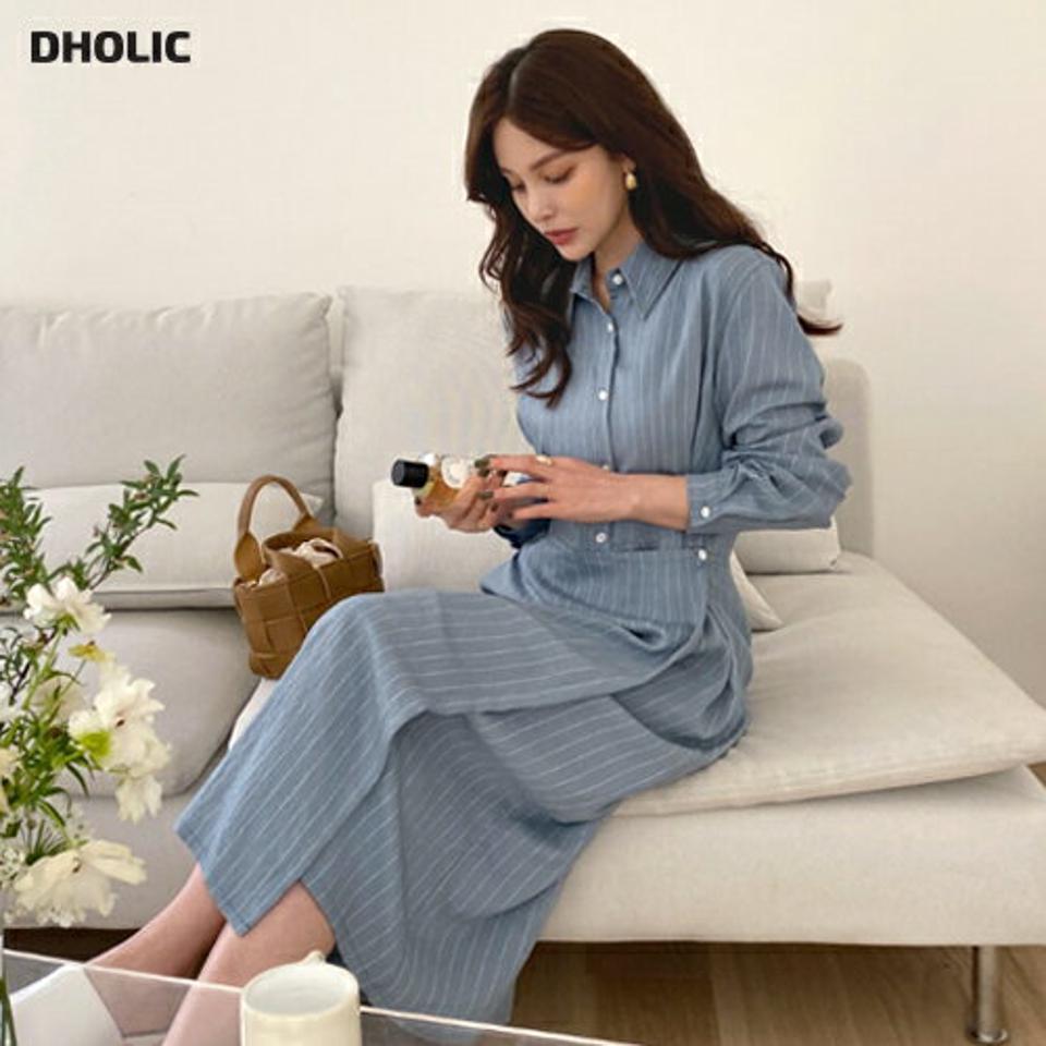 ボタンストライプシャツワンピース・全2色・t67788 レディース 【ops】【ワンピース ロング ロングワンピース ストライプ柄 シャツワンピース 長袖 カジュアル 大人 春 秋 韓国 ファッション】【ハイホリHIHOLLI】