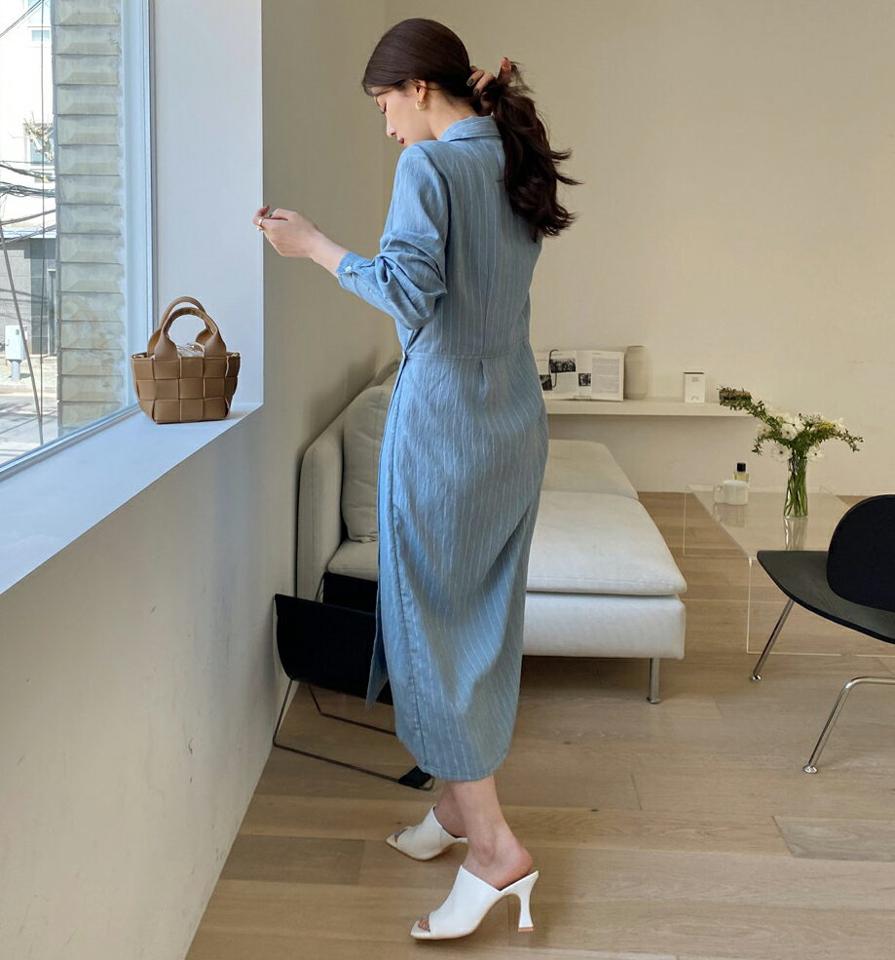 ボタンストライプシャツワンピース・全2色・t67788 レディース 【ops】【ワンピース ロング ロングワンピース ストライプ柄 シャツワンピース 長袖 カジュアル 大人 春 秋 韓国 ファッション】【ハイホリHIHOLLI】