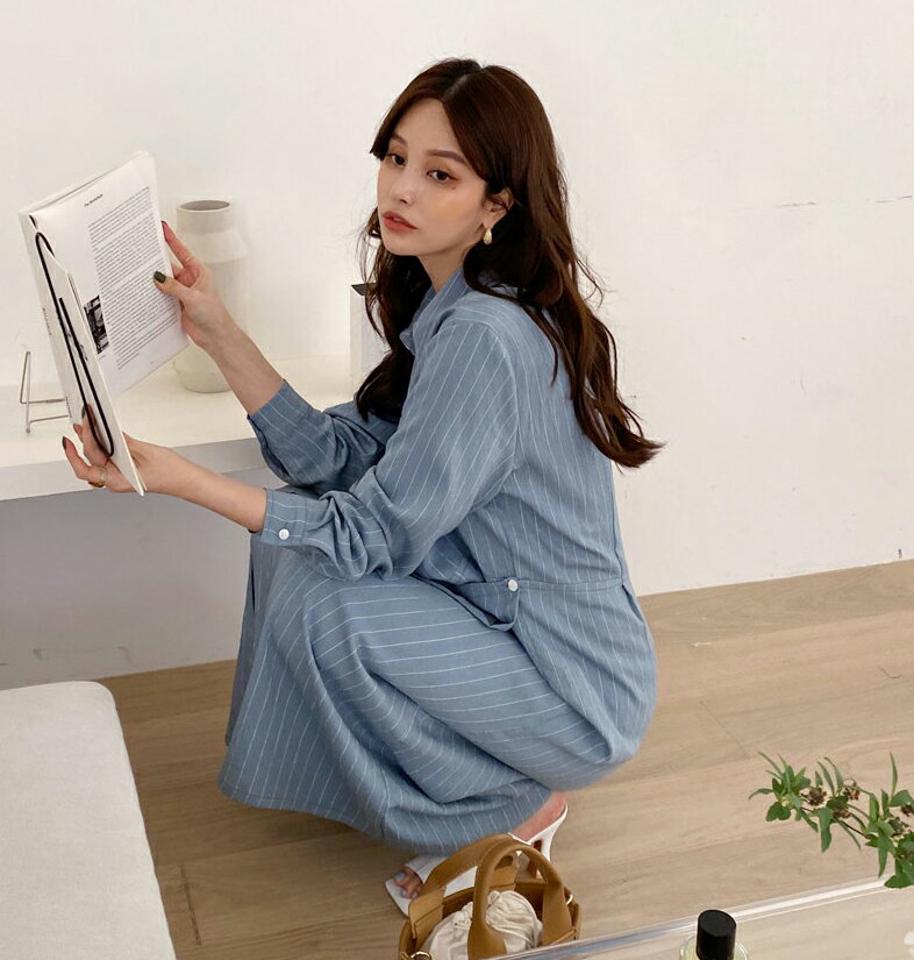 ボタンストライプシャツワンピース・全2色・t67788 レディース 【ops】【ワンピース ロング ロングワンピース ストライプ柄 シャツワンピース 長袖 カジュアル 大人 春 秋 韓国 ファッション】【ハイホリHIHOLLI】