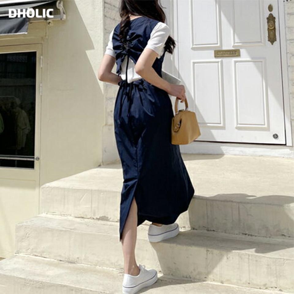 バックドロストワンピース・全2色・t57182 レディース 【ops】【韓国 ファッション ワンピース ロング ロングワンピース スリーブレス ノースリーブ ストリング バックオープン スリム フェミニン 細身 体型カバー カジュアル 夏 春】