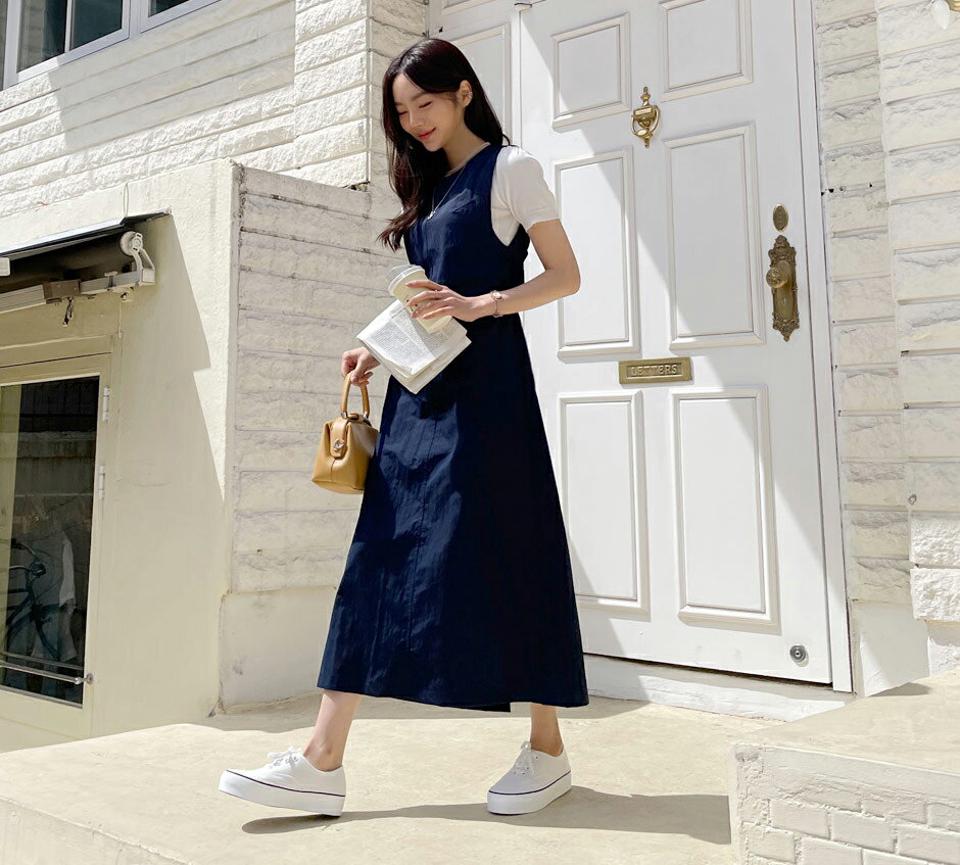 バックドロストワンピース・全2色・t57182 レディース 【ops】【韓国 ファッション ワンピース ロング ロングワンピース スリーブレス ノースリーブ ストリング バックオープン スリム フェミニン 細身 体型カバー カジュアル 夏 春】