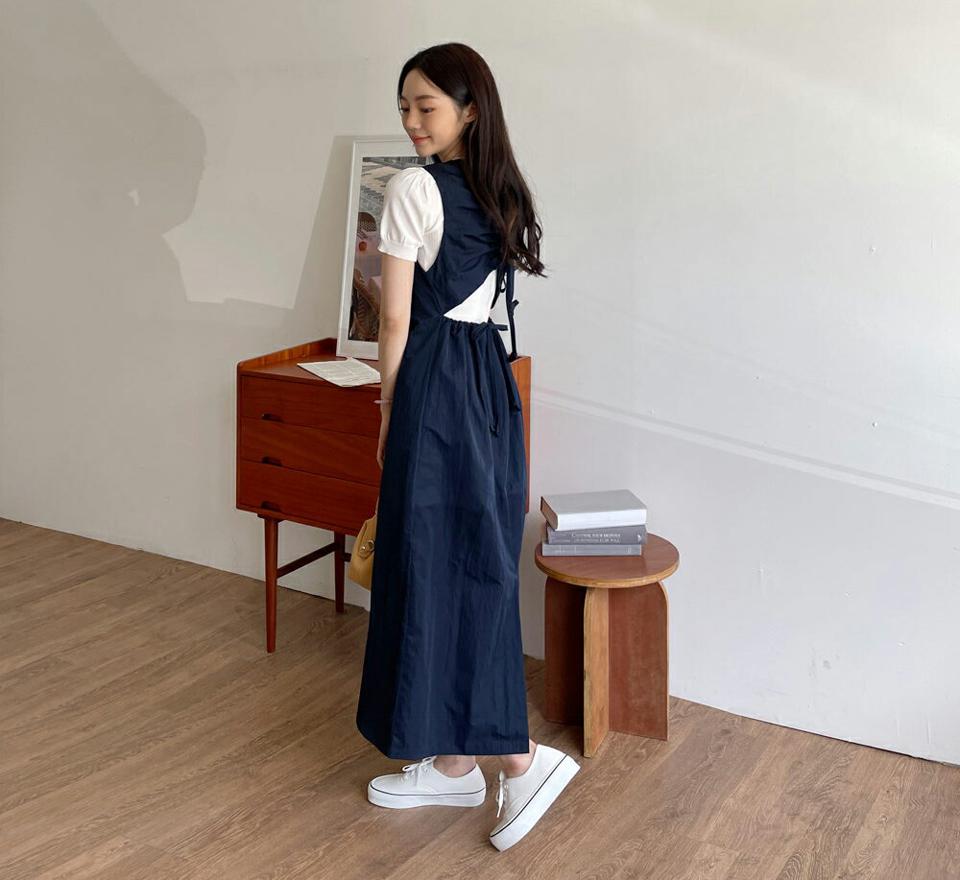 バックドロストワンピース・全2色・t57182 レディース 【ops】【韓国 ファッション ワンピース ロング ロングワンピース スリーブレス ノースリーブ ストリング バックオープン スリム フェミニン 細身 体型カバー カジュアル 夏 春】