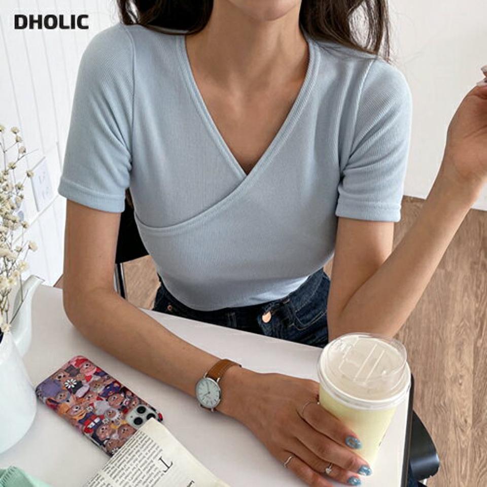 ≪人気商品再入荷≫VネックラップTシャツ・全3色・t57173 レディース 【tops】韓国ファッション トップス Tシャツ 半袖 ラップ スリム Vネック デコルテ ベーシック フィット 細身 無地 カジュアル 体型カバー デイリー 夏 春