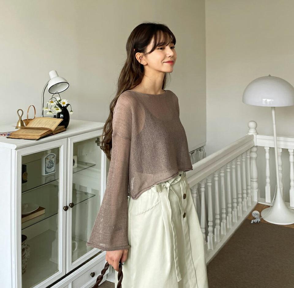 クロップドシアーニット・全5色・t57180 レディース 【tops】【韓国 ファッション トップス ニット 長袖 シアーニット シアー ビーチウェア ラウンドネック デコルテ ワイドスリーブ クロップド丈 細身 体型カバー フェミニン 夏 春】