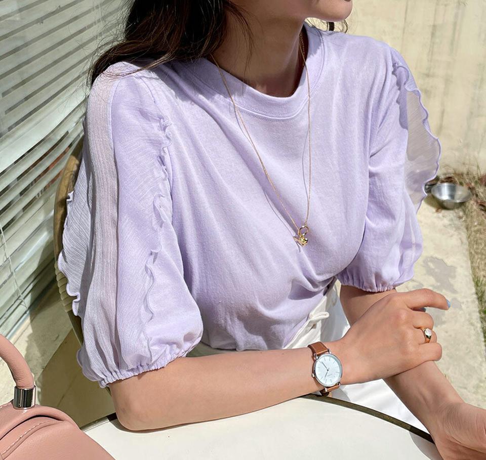 シフォンフリルスリーブTシャツ・全3色・b57174 レディース 【tops】 韓国 ファッション トップス Tシャツ 半袖 シフォン スリーブ ラウンドネック フリル 透明感 ガーリー カジュアル 体型カーバー デイリー 夏 春