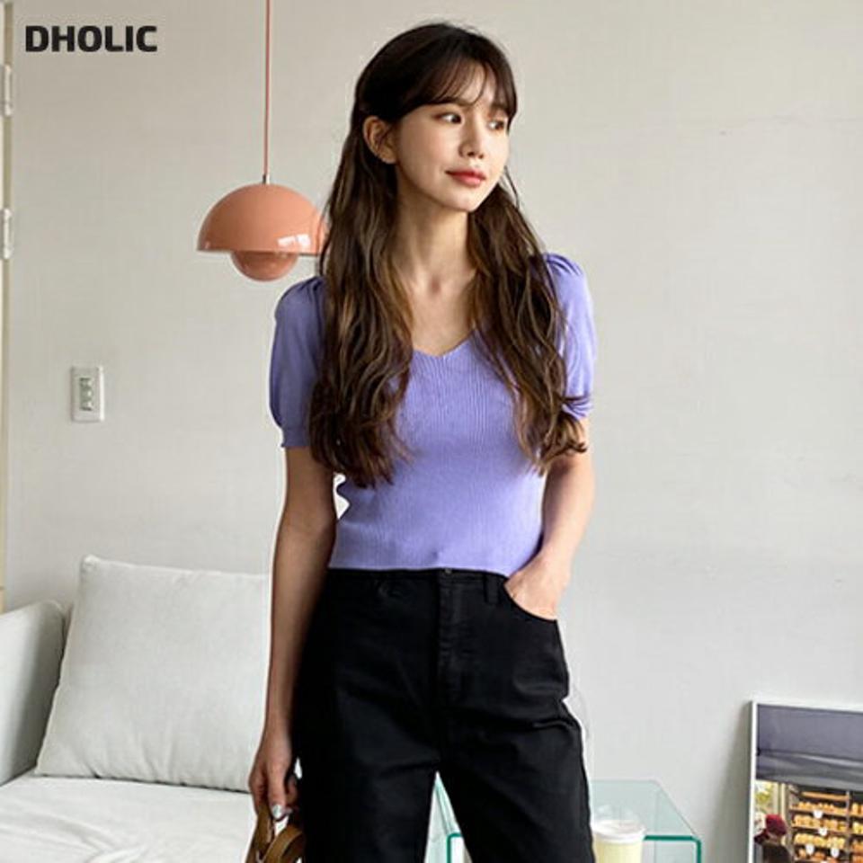 【只今10%OFF】Vネックリブパフニット・全4色・t57176 レディース 【tops】【韓国 ファッション トップス ニット 半袖 カジュアル 上品 スリム リブニット Vネック パフスリーブ デコルテ 無地 細身 体型カバー フェミニン ベーシック 夏 春】