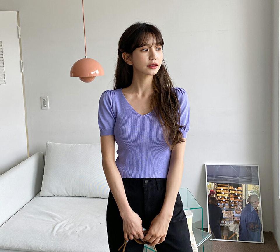 【只今10%OFF】Vネックリブパフニット・全4色・t57176 レディース 【tops】【韓国 ファッション トップス ニット 半袖 カジュアル 上品 スリム リブニット Vネック パフスリーブ デコルテ 無地 細身 体型カバー フェミニン ベーシック 夏 春】