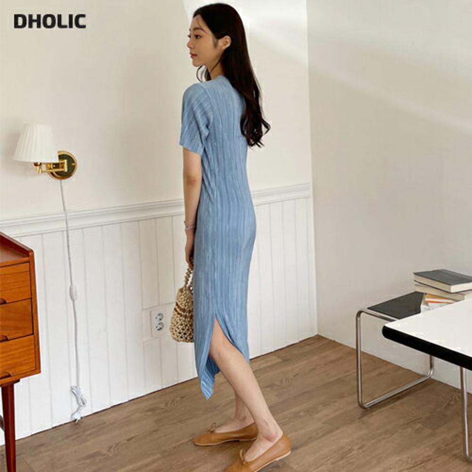 プリーツスリムワンピース・全4色・t57183 レディース 【ops】 韓国ファッション ワンピース ロングワンピース 半袖 プリーツ スリム フィット フェミニン プリーツワンピース スリット カジュアル 夏 春