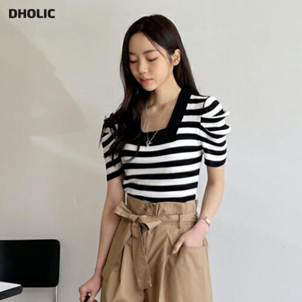 【只今10%OFF】2TYPEスクエアリブニット・全4色・t57177 レディース 【tops】【韓国 ファッション トップス ニット 半袖 カジュアル スリム フィット リブ スクエアネック 無地 ストライプ デコルテ 細身 体型カバー フェミニン ベーシック 夏 春】