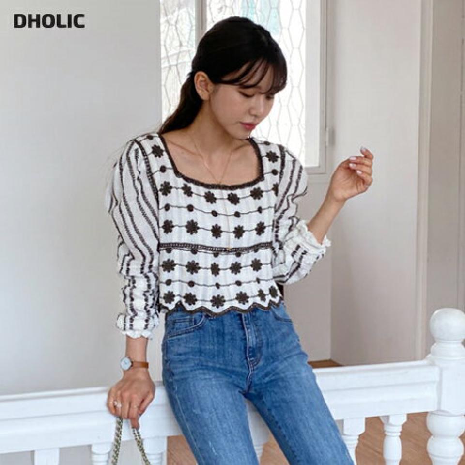 刺繍スクエアブラウス・全2色・t57181 レディース 【bl】【韓国 ファッション トップス ブラウス 長袖 刺繍 スクエアネック デコルテ ビンテージ 配色 クロップド丈 花柄 フラワー パターン フェミニン ガーリー 体型カバー 細身 夏 春】