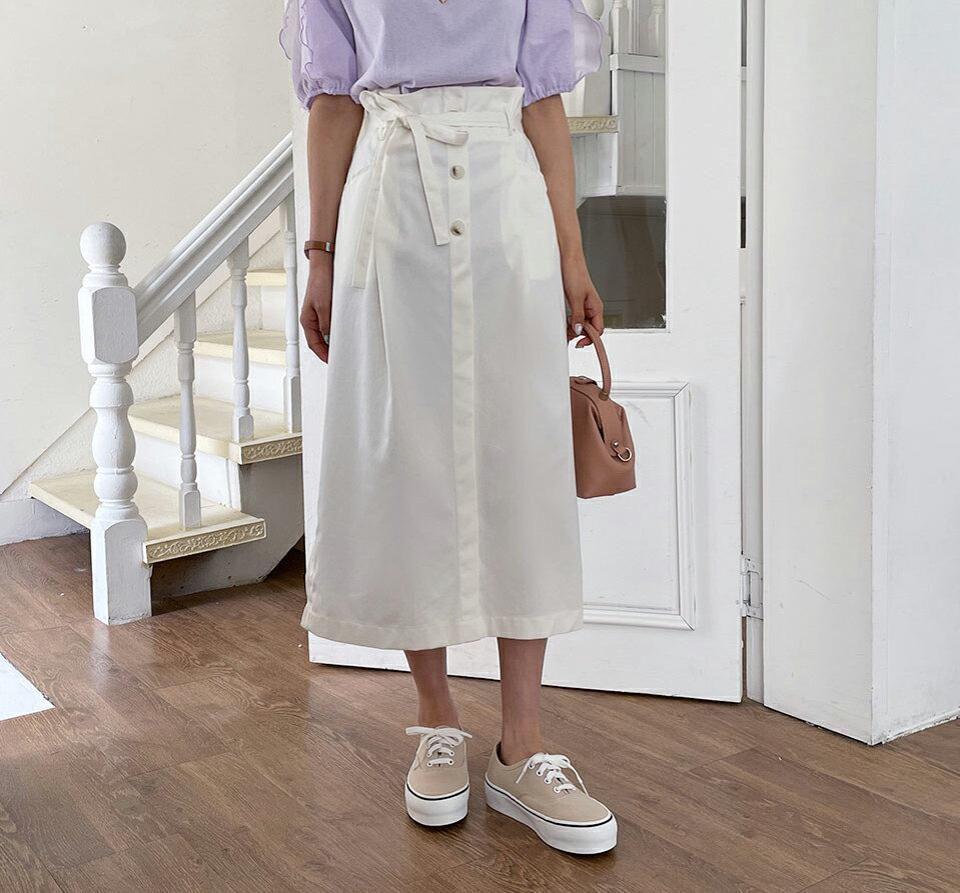 ストラップ付Hラインボタンスカート・全2色・t57197 レディース 【sk】【韓国 ファッション ボトムス スカート ロング ロングスカート ストラップ セット Hライン ルーズ ゆったり 体型カバー 細身 カジュアル ベーシック フェミニン 夏 春】