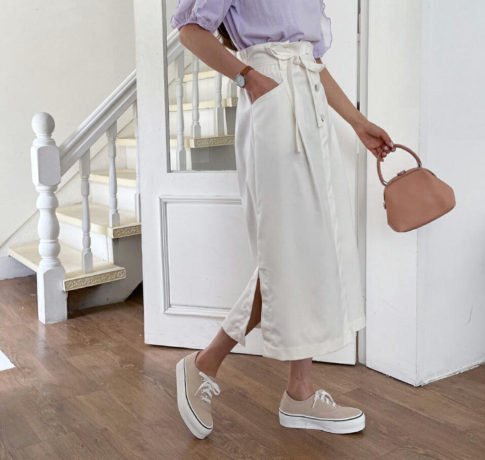 ストラップ付Hラインボタンスカート・全2色・t57197 レディース 【sk】【韓国 ファッション ボトムス スカート ロング ロングスカート ストラップ セット Hライン ルーズ ゆったり 体型カバー 細身 カジュアル ベーシック フェミニン 夏 春】