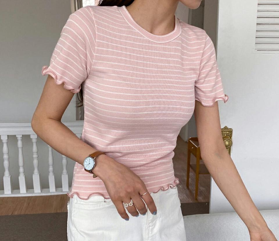 ボーダースリムTシャツ・全5色・t57175 レディース 【tops】【韓国 ファッション トップス Tシャツ 半袖 ボーダー ストライプ パターン 配色 ウェーブ スリム フィット 細身 カジュアル 体型カーバー デイリー 夏 春】
