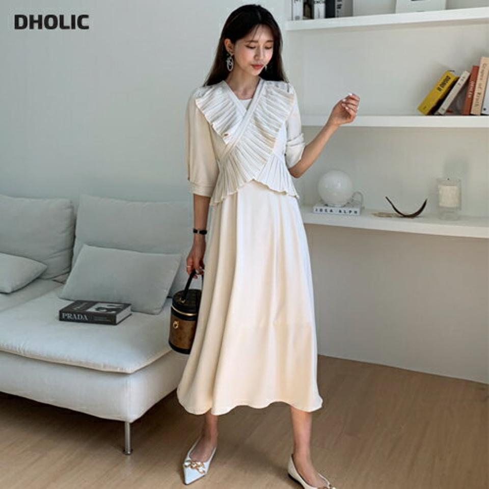 プリーツクロスリボンワンピース・全2色・b65192 レディース 【ops】【韓国 ファッション ワンピース ロング ロングワンピース 半袖 プリーツ クロスディテール リボン 7分丈 シフォン 体型カバー フェミニン カジュアル 夏 春】