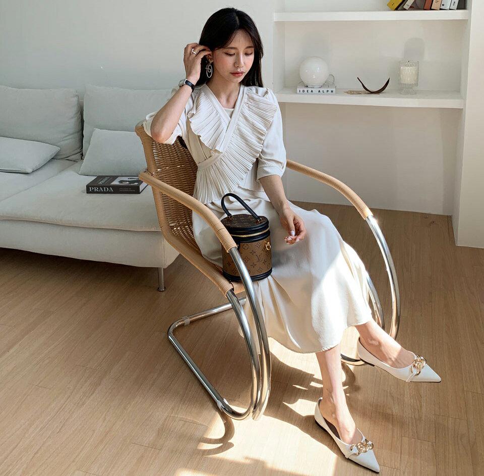 プリーツクロスリボンワンピース・全2色・b65192 レディース 【ops】【韓国 ファッション ワンピース ロング ロングワンピース 半袖 プリーツ クロスディテール リボン 7分丈 シフォン 体型カバー フェミニン カジュアル 夏 春】