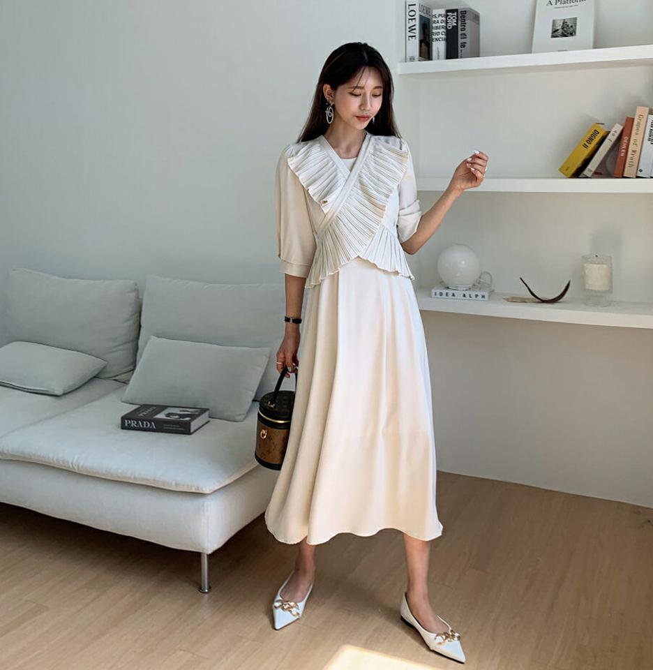 プリーツクロスリボンワンピース・全2色・b65192 レディース 【ops】【韓国 ファッション ワンピース ロング ロングワンピース 半袖 プリーツ クロスディテール リボン 7分丈 シフォン 体型カバー フェミニン カジュアル 夏 春】