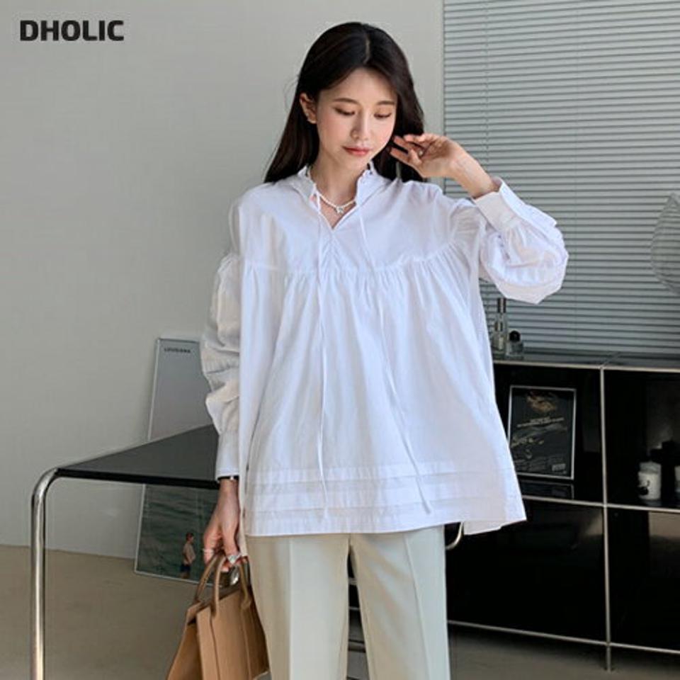 フリルリボンギャザーブラウス・全1色・b65187 レディース 【bl】【韓国 ファッション トップス ブラウス 長袖 フリル パフスリーブ ネックスリット リボン ギャザー フレア ルーズ 体型カバー 夏 春】